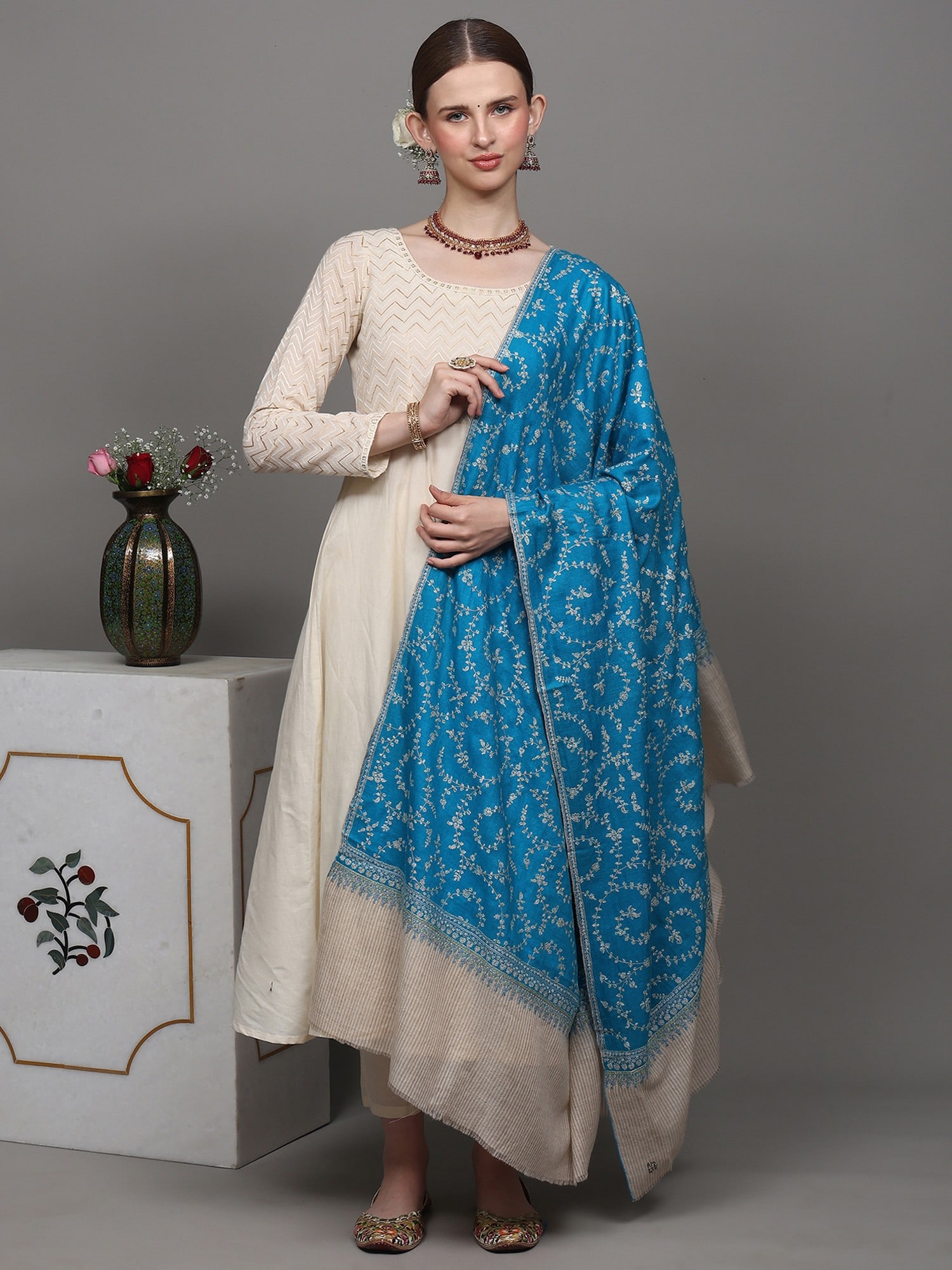 Horizon-Blue Jaldaar Sozni Embroidered Pure Pashmina Shawl with Stripe Border - 2