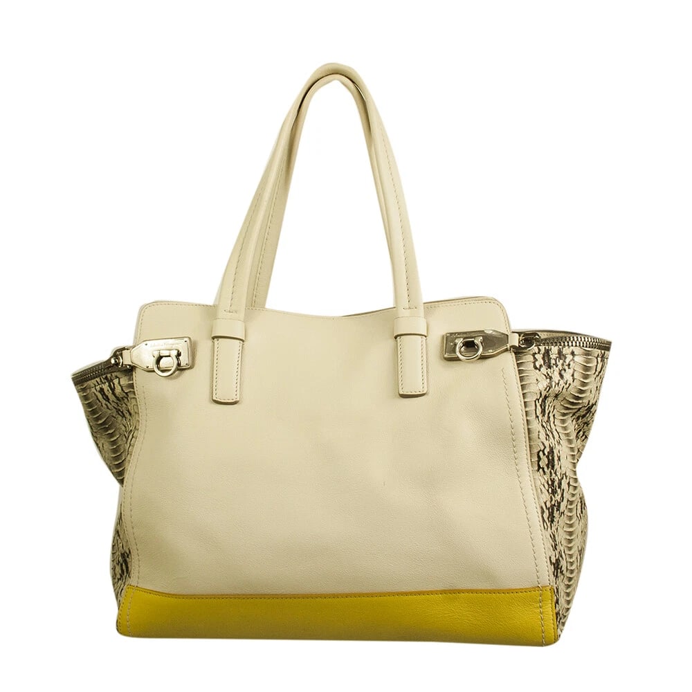 Salvatore Ferragamo cream & yellow leather plus snakeskin tote shopper bag (1 of 9)