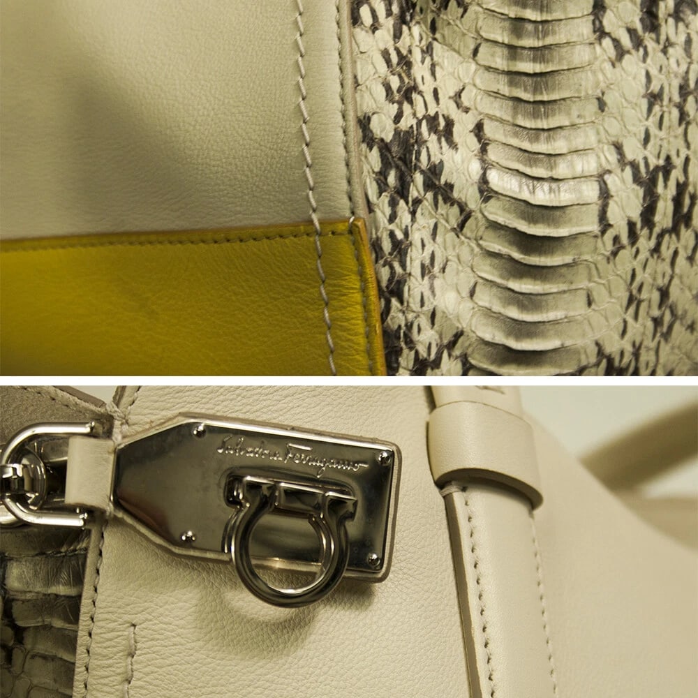 Salvatore Ferragamo cream & yellow leather plus snakeskin tote shopper bag - 8