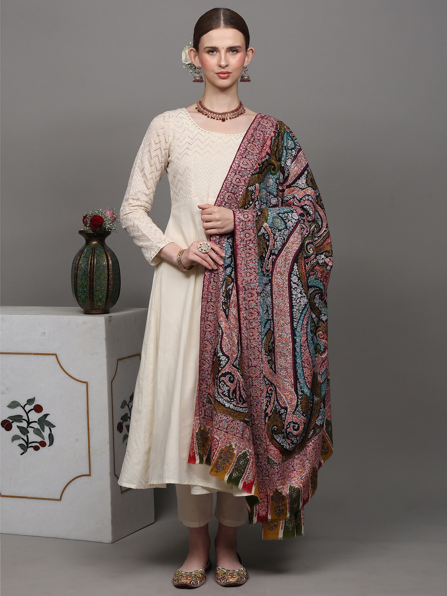 Pure Pashmina Shawl with Multicolor Thread Sozni Embroidered Paisleys and Floral Leaves - 2