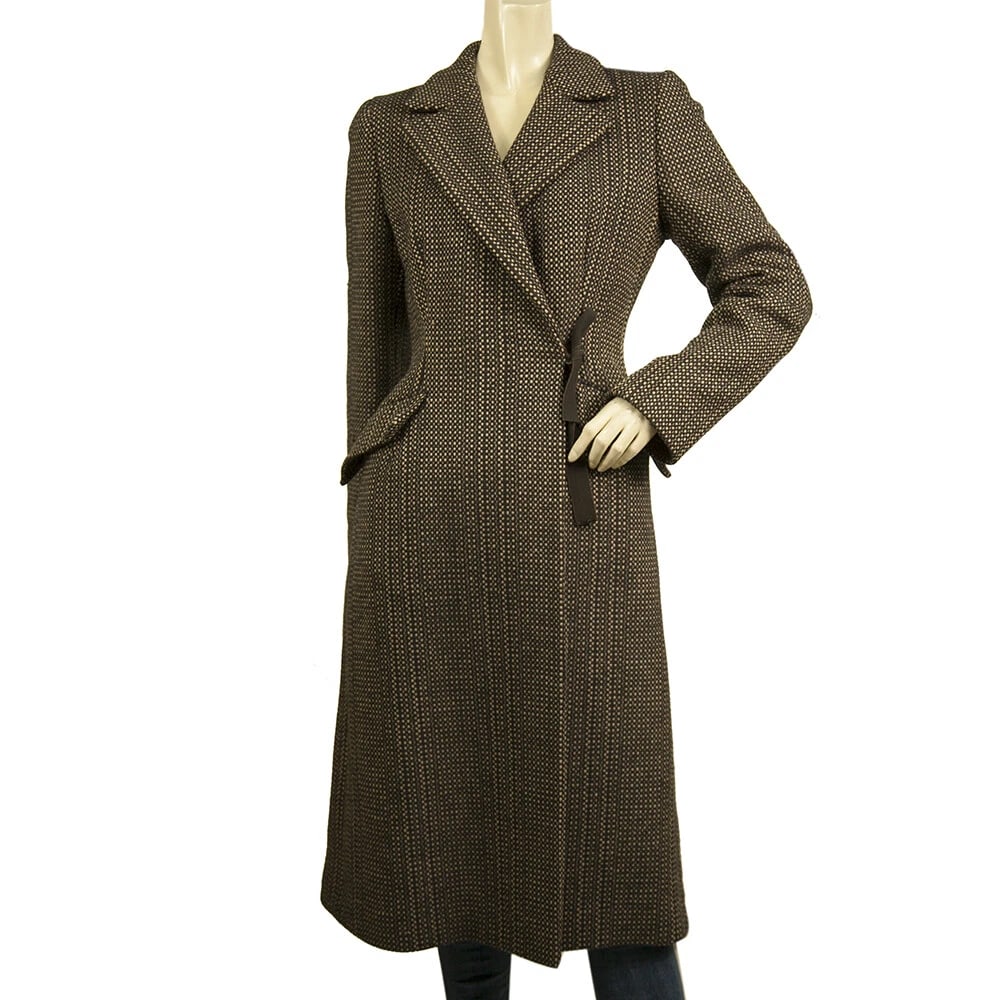 Prada Brown, Beige & Black Tweed Virgin Wool below the knee Coat with bow sz 42 (1 of 6)