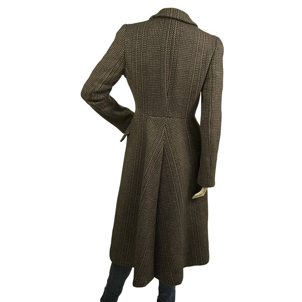 Prada Brown, Beige & Black Tweed Virgin Wool below the knee Coat with bow sz 42 - 2