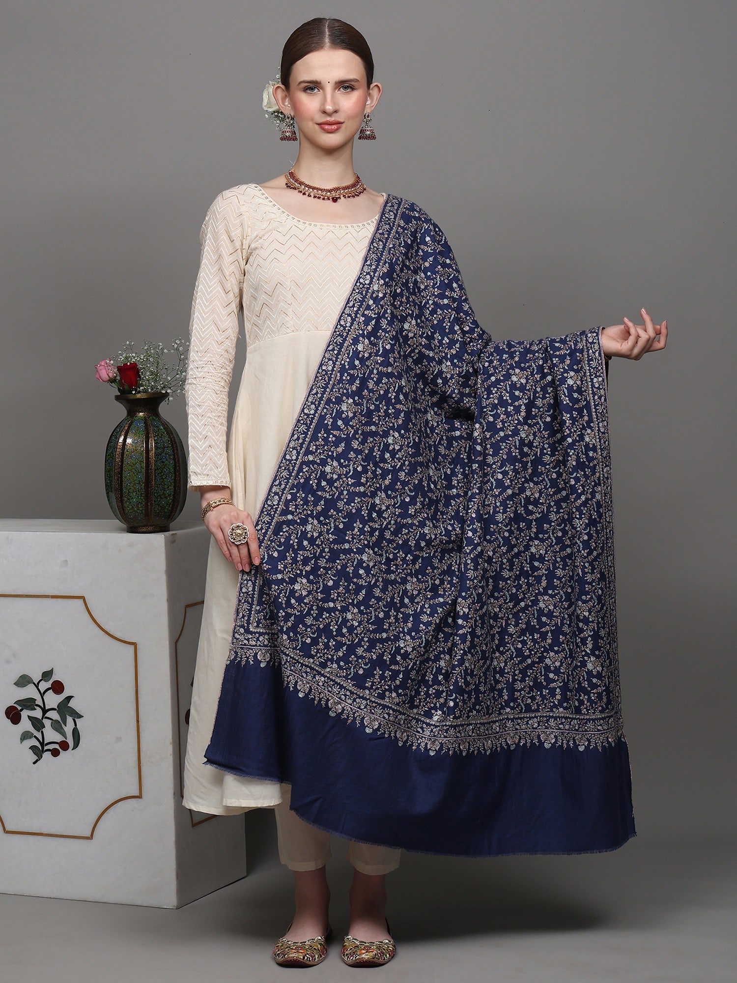 Galaxy-Blue Diamond Weave Pure Pashmina Shawl with All-Over Detailed Sozni Embroidered Jaal Patterns: Title:Galaxy-Blue Diamond Weave Pure Pashmina Shawl with All-Over Detailed Sozni Embroidered Jaal Patterns Description:This Pashmina Navy Blue Shawl epitomizes luxury and artistry. Crafted from pure C