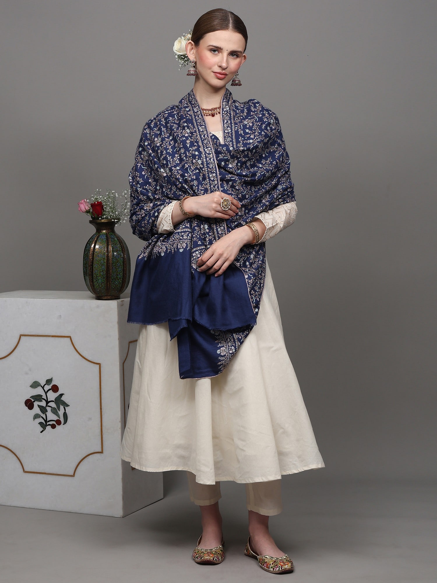Galaxy-Blue Diamond Weave Pure Pashmina Shawl with All-Over Detailed Sozni Embroidered Jaal Patterns - 2
