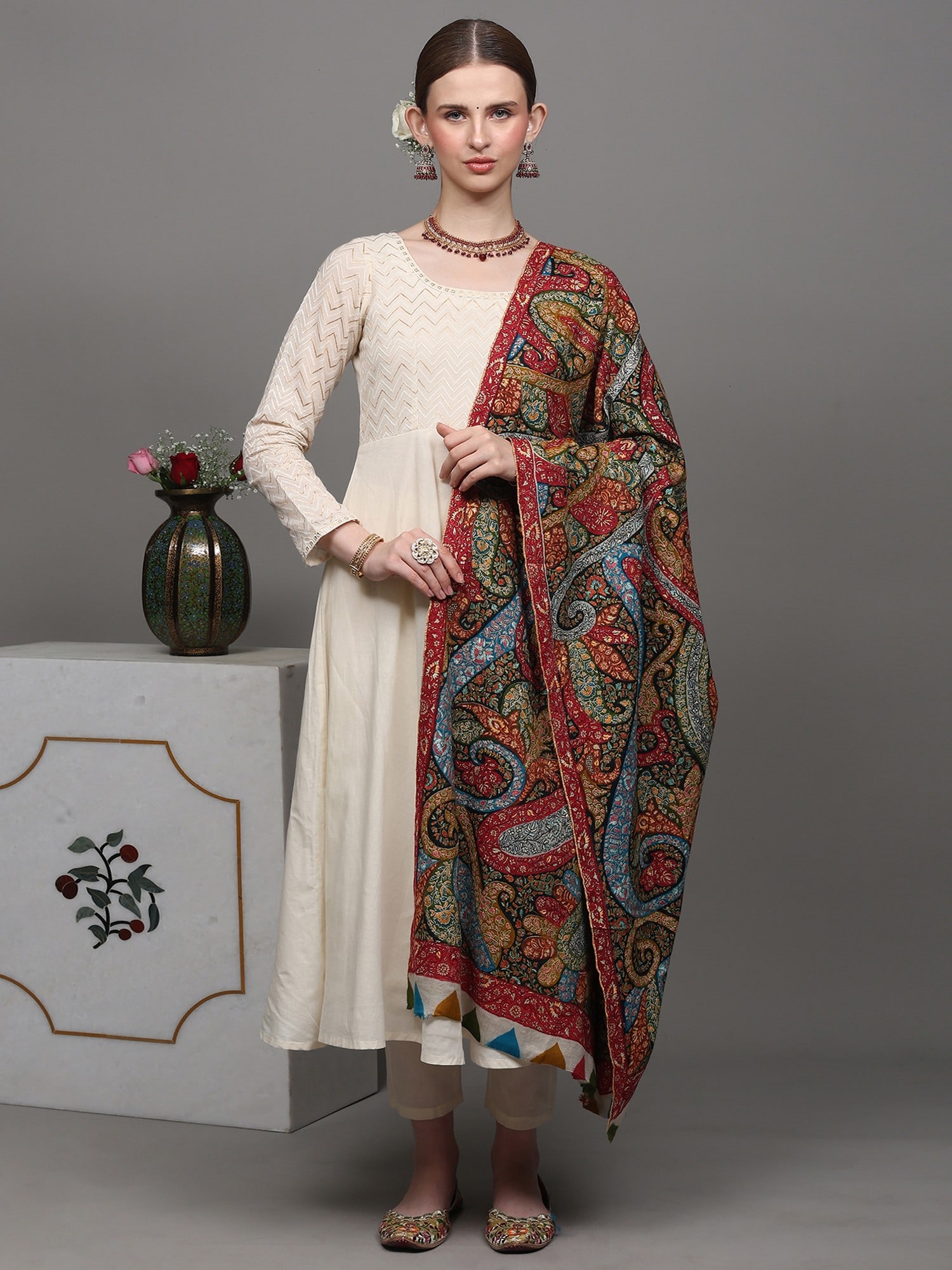 Multicolor Pure Pashmina Shawl with Intricate Embroidered Paisleys and Flowers by Hand - 2