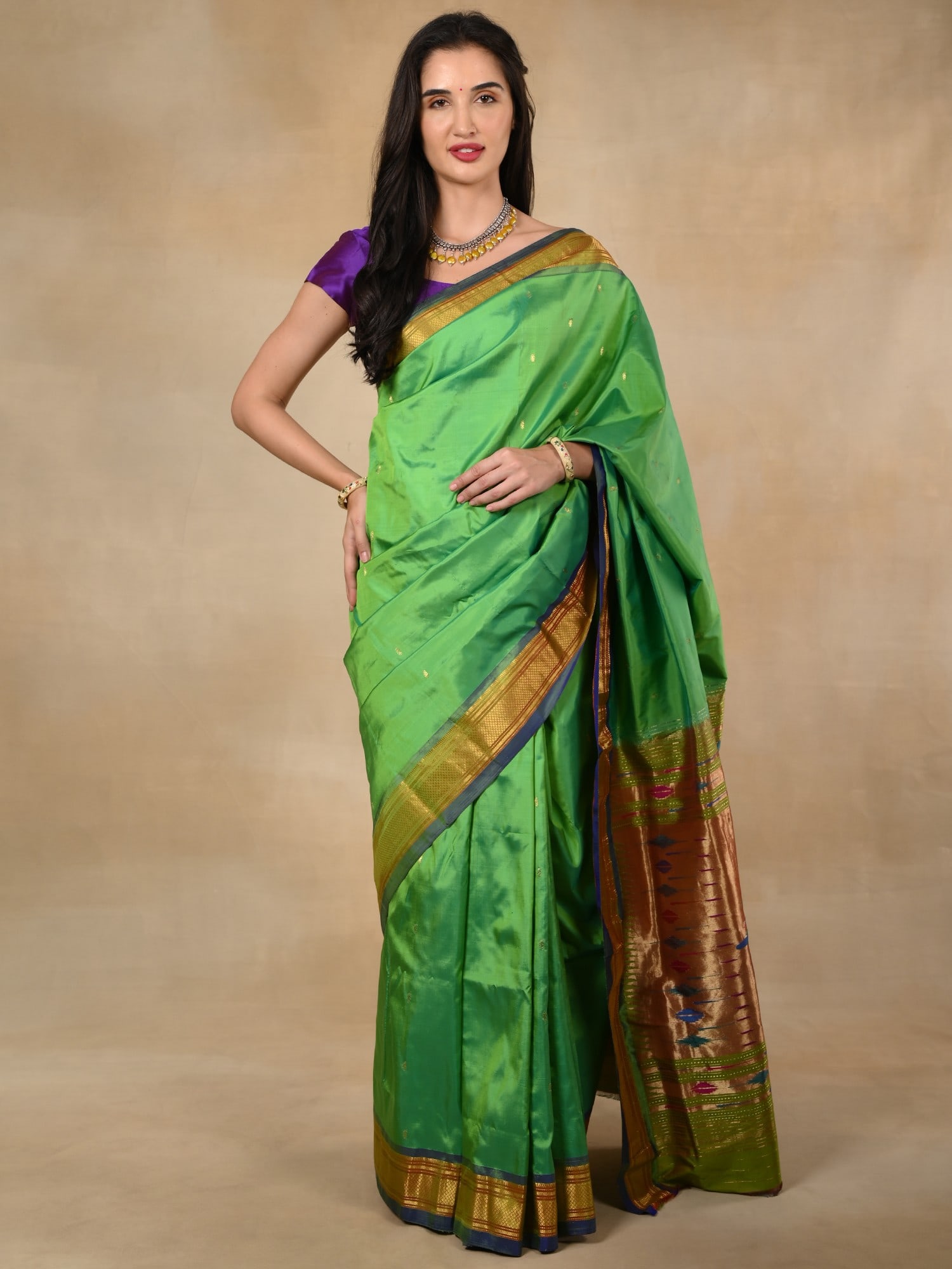 Parrot Green Silk Paithni Sari with Sheen Golden and Violet Border and Golden Zari Mor Big Butta, (1 of 2)