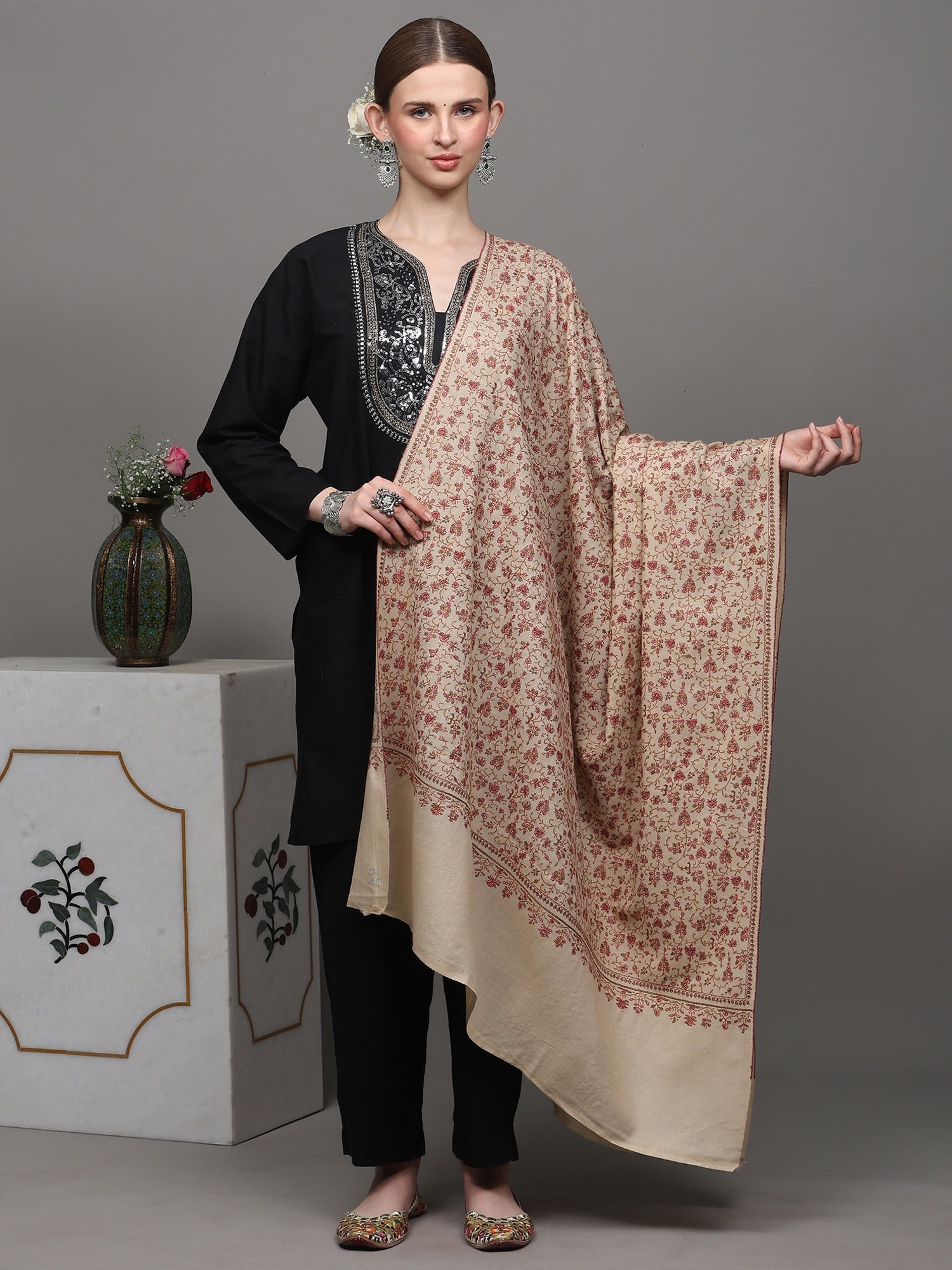 Whitecap-Gray Pure Pashmina Shawl with Sozni Hand-Embroidered Leaf Vines in Multicolor Thread: Title:Whitecap-Gray Pure Pashmina Shawl with Sozni Hand-Embroidered Leaf Vines in Multicolor Thread Description:Indulge in the ethereal embrace of this “Pashmina Shawl”, a divine creation 