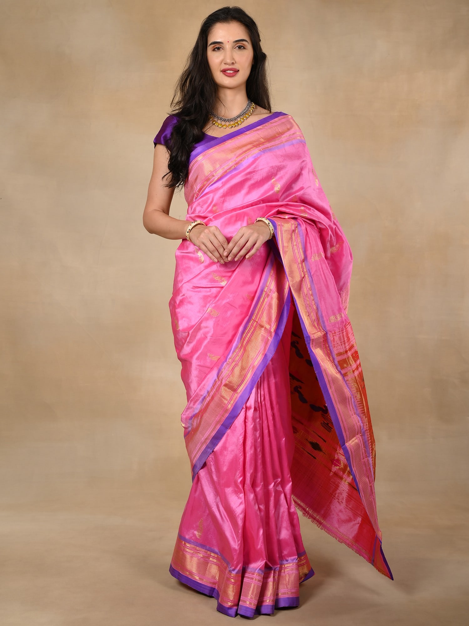 Vintage Pink Pure Silk Paithani Saree with Lavender Zari Border Traditional Big Mor Butta and Mor (1 of 2)