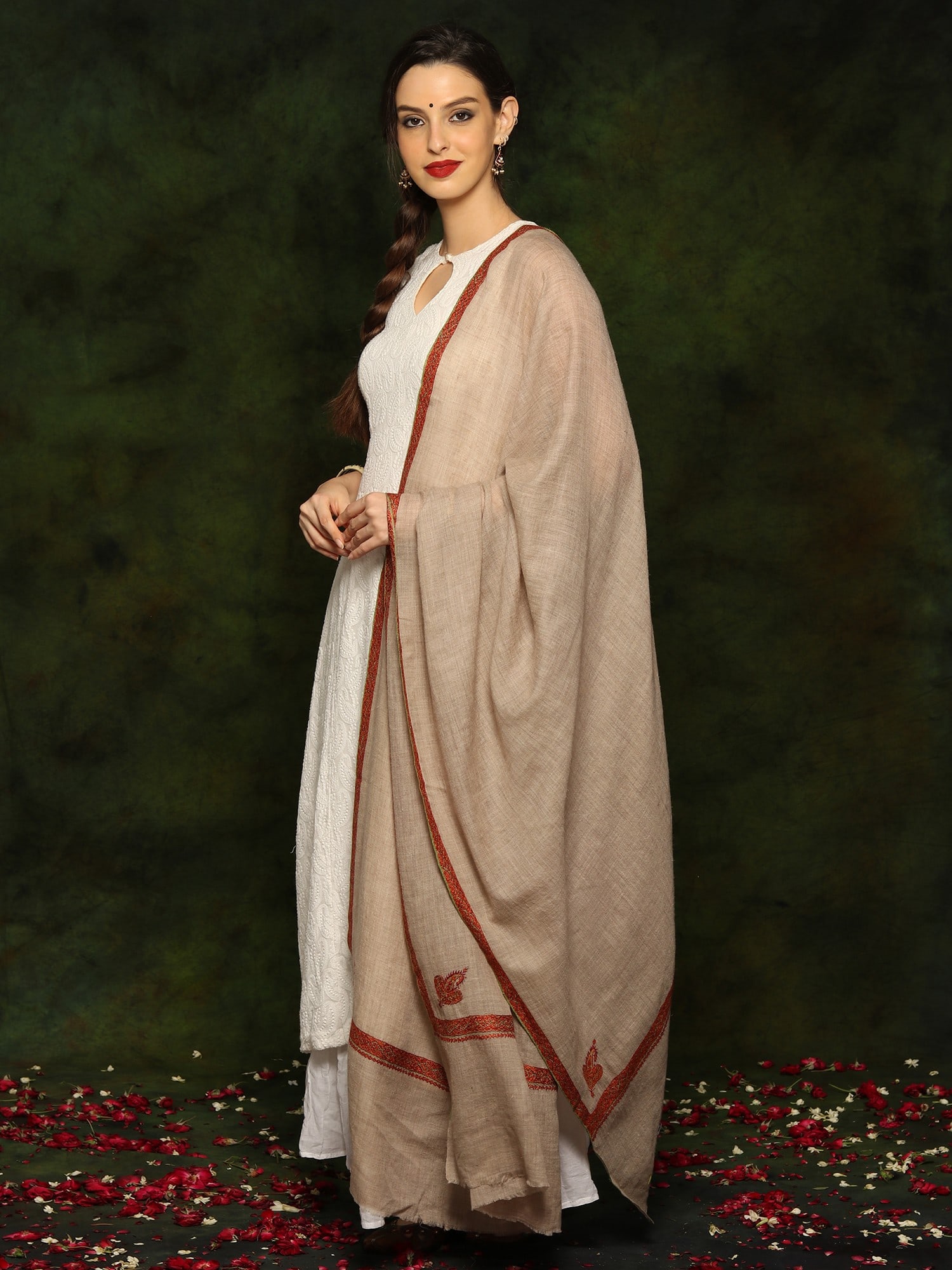 Pure Pashmina Natural Color Sozni Border Shawl from Kashmir - 2