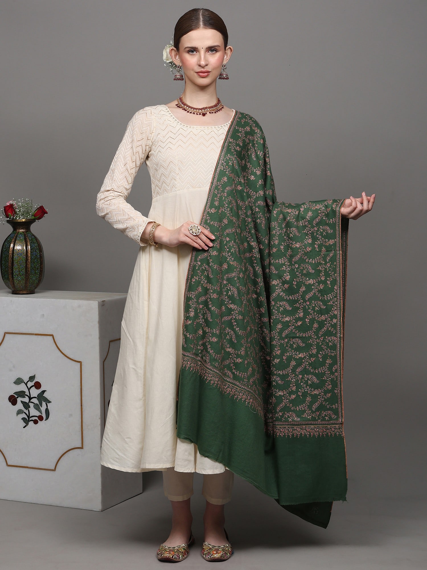 Mint-Green Pure Pashmina Shawl with Detailed Floral Jaal Sozni Embroidery by Hand: Title:Mint-Green Pure Pashmina Shawl with Detailed Floral Jaal Sozni Embroidery by Hand Description:This Pashmina Multicolored Shawl is an extravagance of art and tradition. It is adorned with large