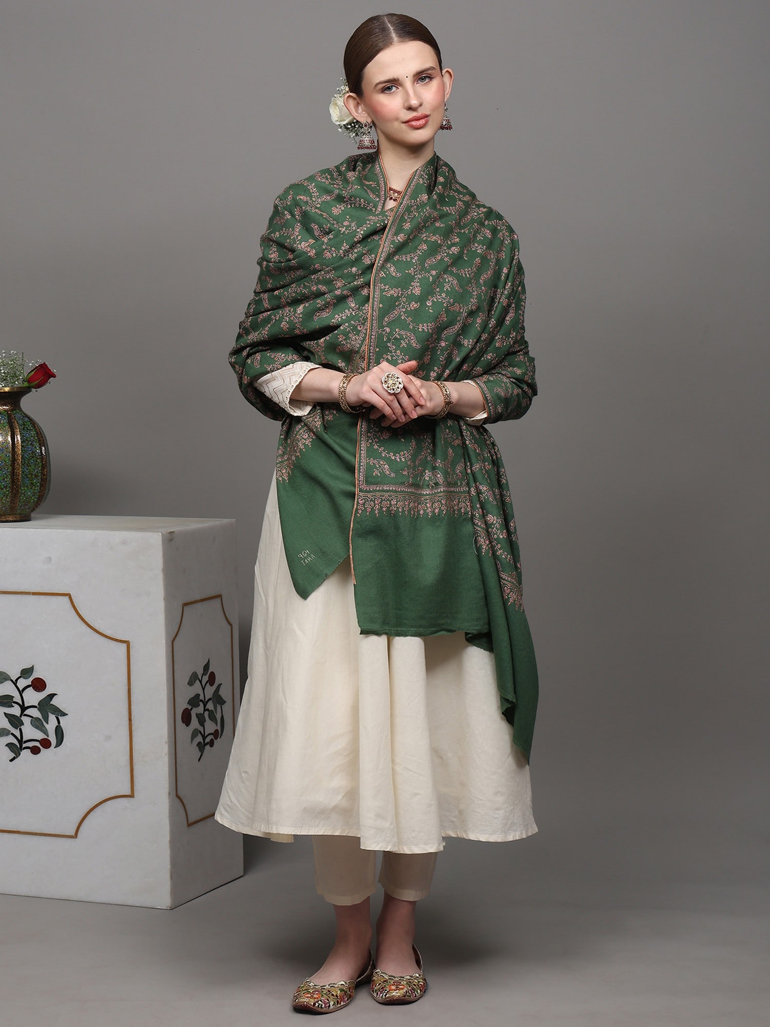 Mint-Green Pure Pashmina Shawl with Detailed Floral Jaal Sozni Embroidery by Hand - 2