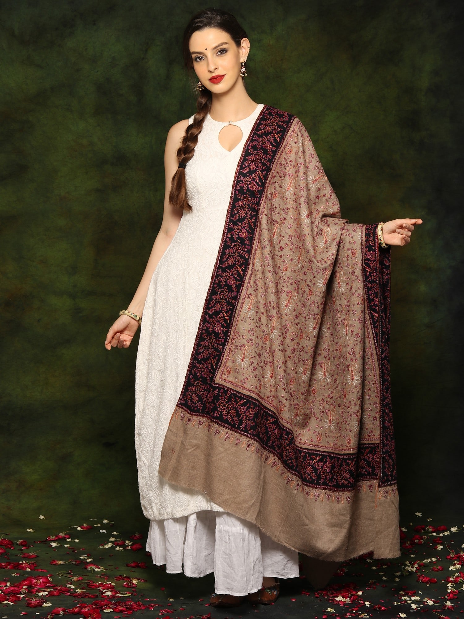 Pure Pashmina Sozni Embroidery Natural Color Shawl with Borders from Kashmir (1 of 2)