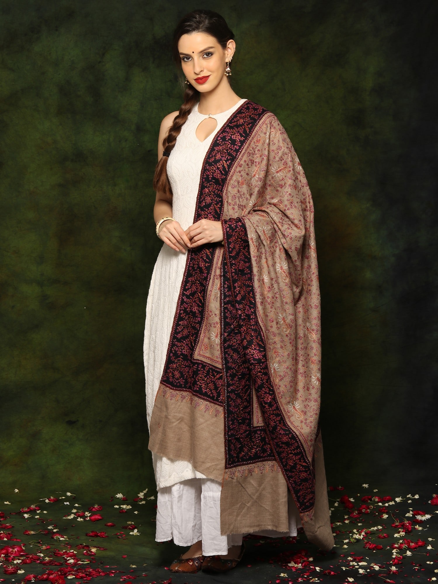 Pure Pashmina Sozni Embroidery Natural Color Shawl with Borders from Kashmir - 2