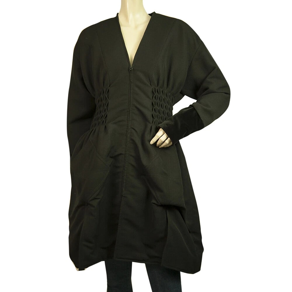 Christian Lacroix Black Wool Gathered Waist Collarless V Neckline Coat sz 38 Fr (1 of 6)