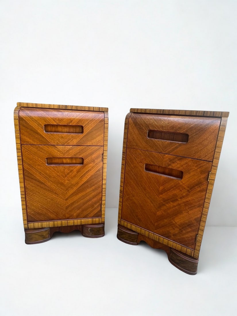 Pair of Art Deco Waterfall End Tables / Nightstands with Bookmatched Veneers (1 of 6)
