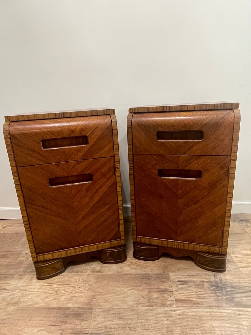 Pair of Art Deco Waterfall End Tables / Nightstands with Bookmatched Veneers - 2