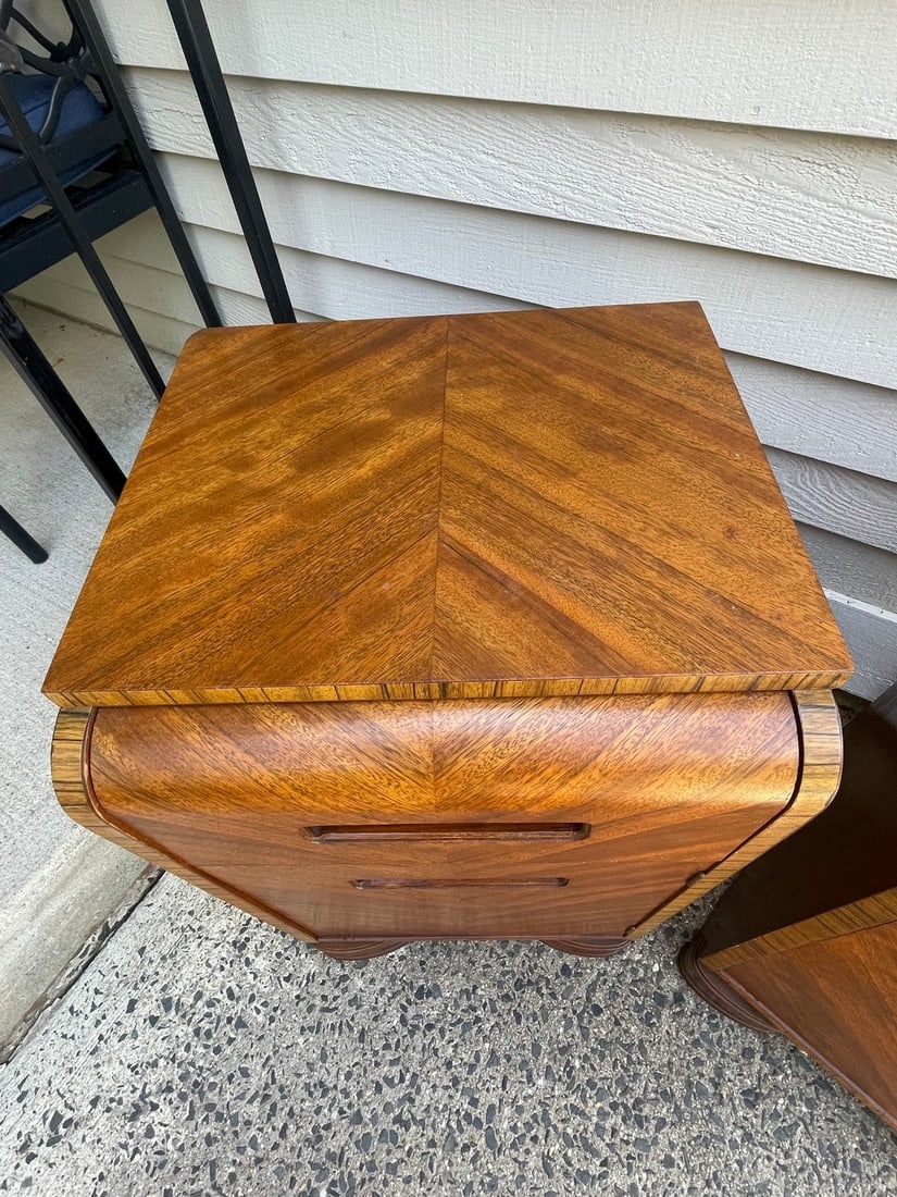 Pair of Art Deco Waterfall End Tables / Nightstands with Bookmatched Veneers - 3