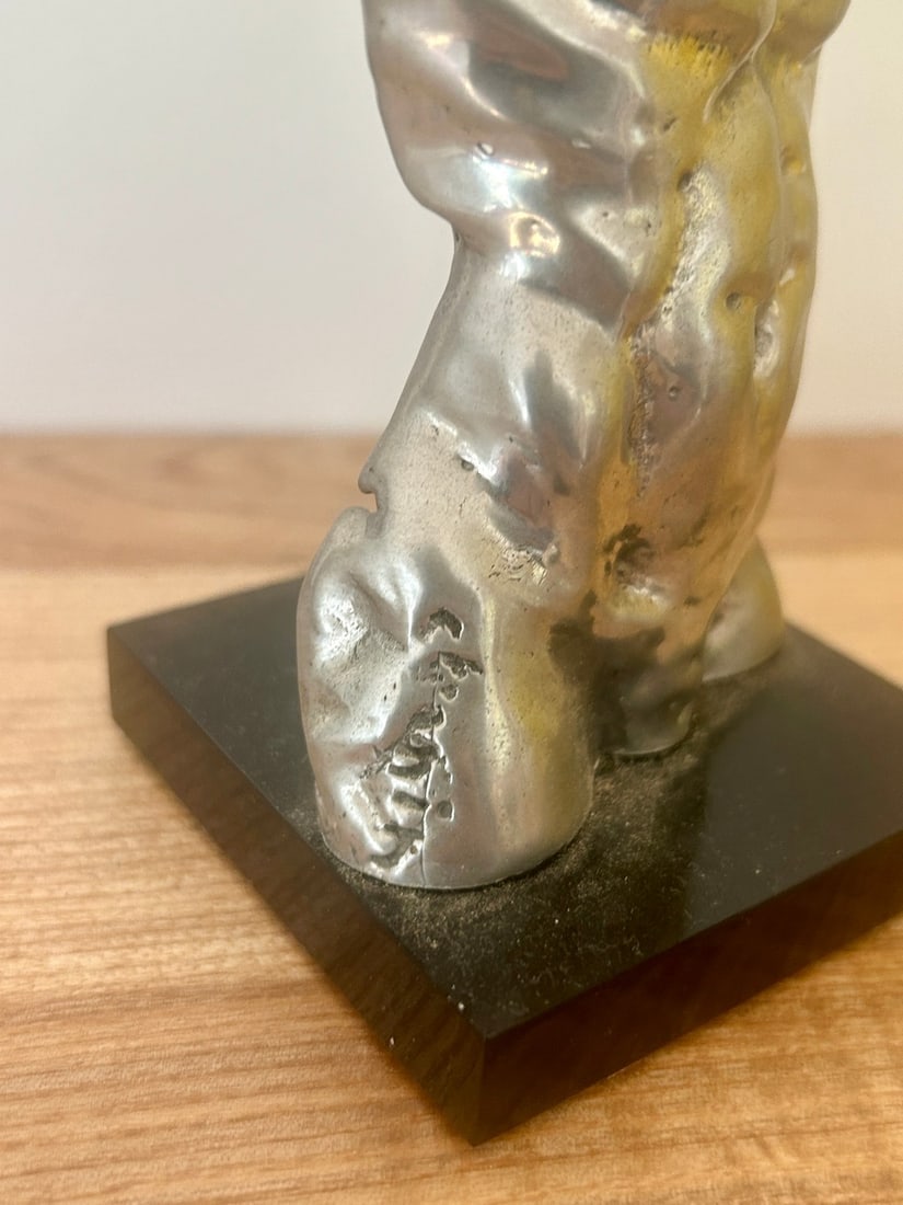 Brutalist Style Silvered Torso Sculpture on Black Plinth (Signed) - 2