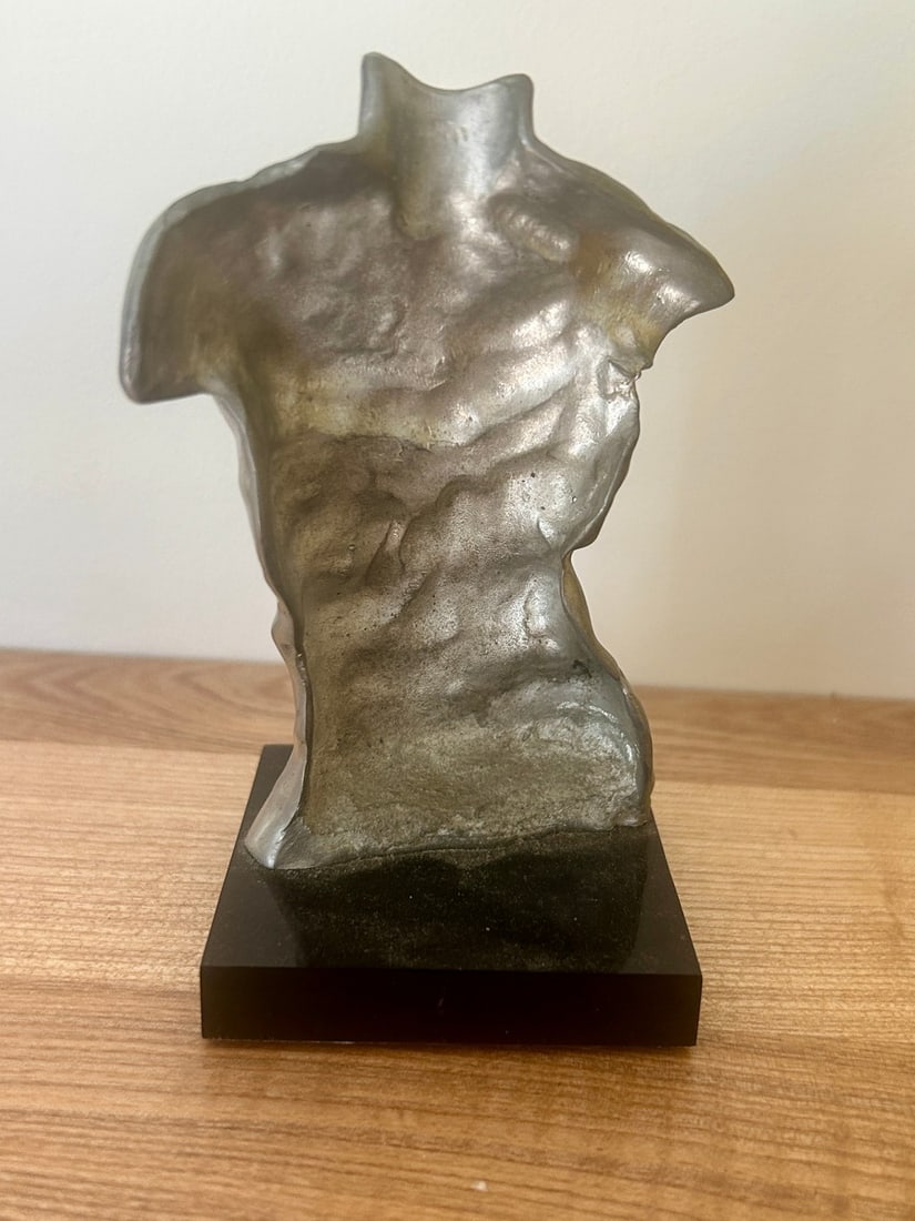 Brutalist Style Silvered Torso Sculpture on Black Plinth (Signed) - 3