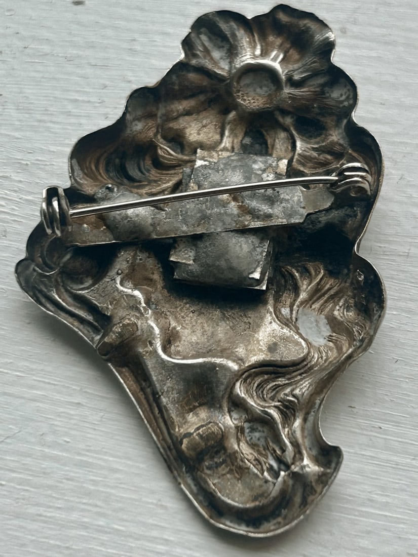 Art Nouveau Style Silvered Metal Brooch with Female Profile - 2