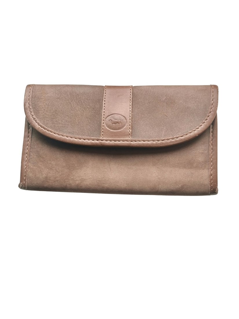 Vintage Leather Trifold Wallet with Embossed Horse Motif: A vintage brown leather trifold wallet, likely from the mid to late 20th century. The exterior features a smooth, distressed brown leather with a curved flap closure secured by a leather strap with