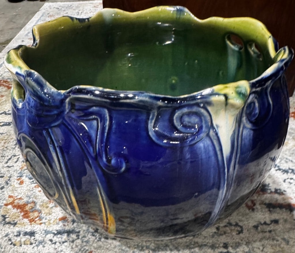 Antique J.B. Owens Majolica Tulip Jardiniere, Cobalt Blue & Green Art Nouveau Pottery - 4