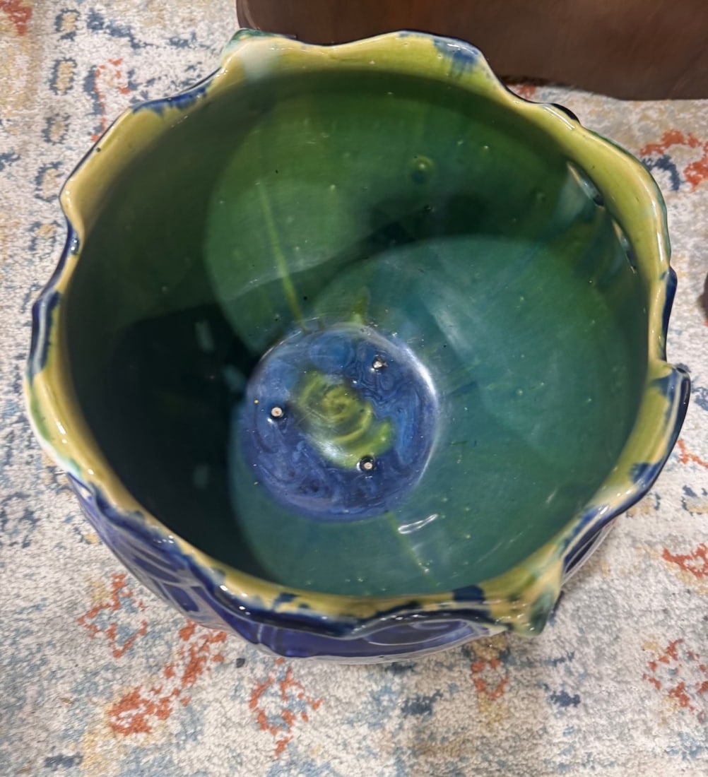 Antique J.B. Owens Majolica Tulip Jardiniere, Cobalt Blue & Green Art Nouveau Pottery - 5
