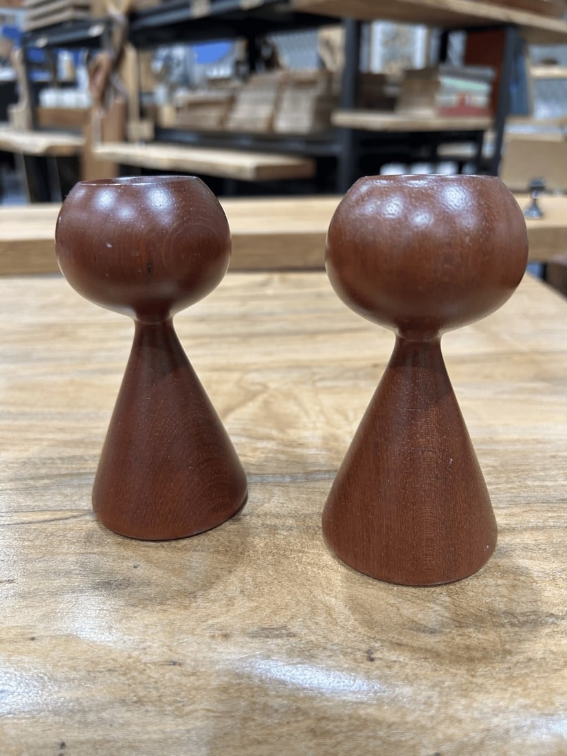 Pair of Mid-Century Modern Teak Candle Holders - 2