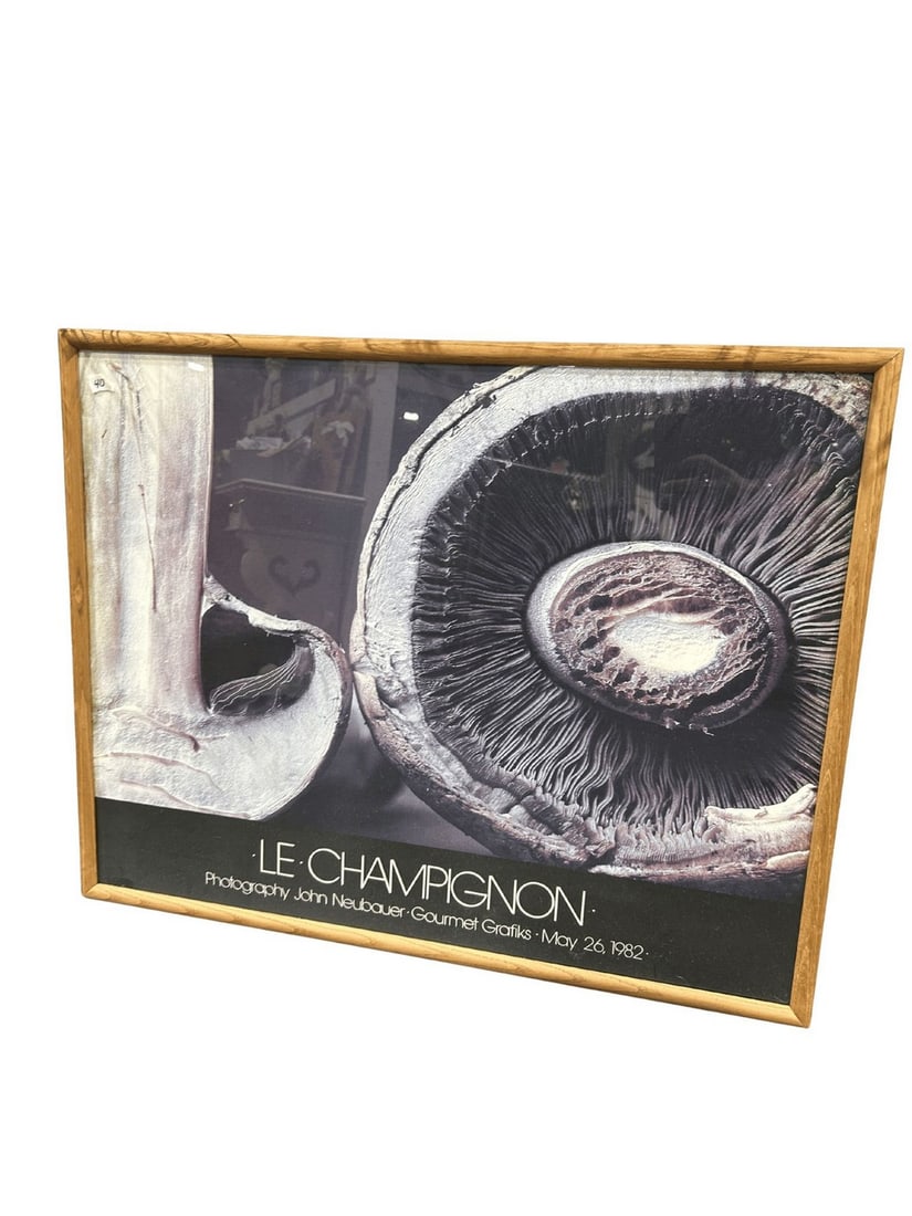 "Le Champignon" by John Neubauer, Framed Photograph, 1982: This lot features a framed photograph titled "Le Champignon" by John Neubauer, dated May 26, 1982. The photography style is macro, focusing on the intricate details of a mushroom. The photograph is