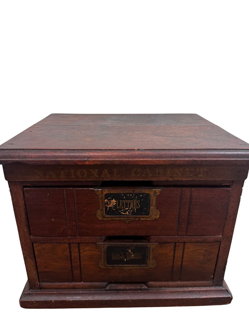 Antique "National Cabinet Letter Files" Filing Cabinet, Circa 1900: This antique filing cabinet, circa 1900, is a "National Cabinet Letter Files" model, manufactured by Henry C. Hodgens, Stationer, 65 West Broadway, New York. It is constructed from dark-stained wood,