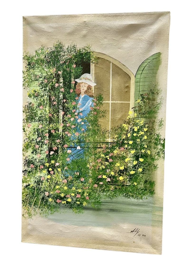 Signed Vintage Oil Painting "Woman in Garden": This charming vintage oil painting depicts a young woman with curly brown hair and a wide-brimmed hat adorned with flowers, peeking through a blossoming garden. She is dressed in a blue garment, and