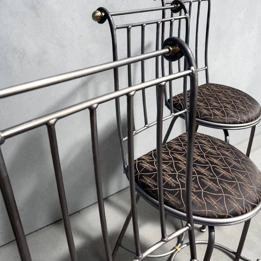 Set of Five Charleston Forge Wrought Iron Bar Stools (swivel) with Dragonfly Upholstery - 2