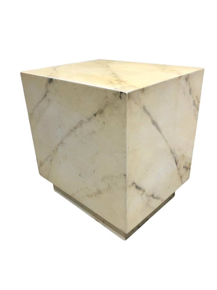 Veined Faux Marble Pedestal Cube Table: A contemporary veined cream marble pedestal, possibly Italian, circa late 20th century. This elegant rectangular pedestal features a subtle cream ground with prominent grey and beige veining