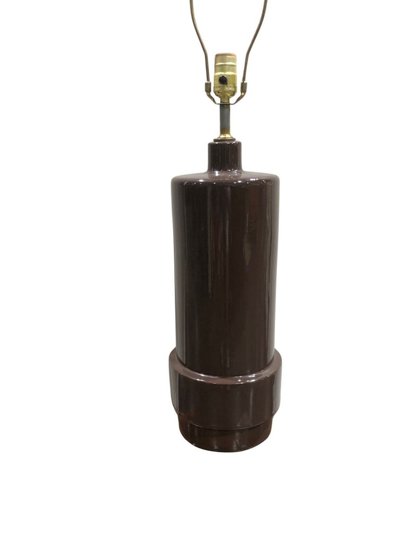 Retro Chic Chocolate Brown Ceramic Column Lamp: Nice substantial, 70s -80s column lamp 20" tall to top of ceramic, 33" with harp. Nice big 7" wide. Great brown color, think David Hicks! Dimensions: Height 33, Width 7, Depth 7 inches Weight 8 lbs