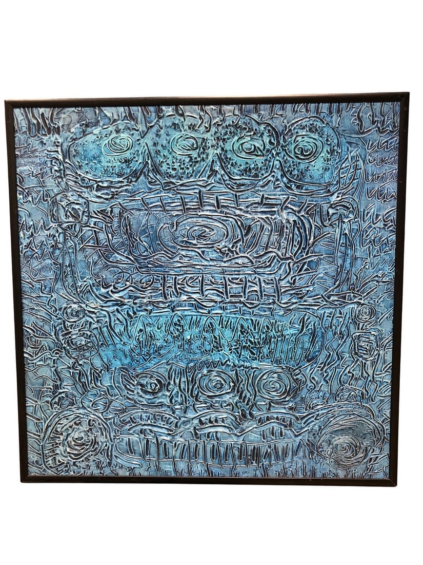 Contemporary Encaustic Art Abstract Painting: This contemporary abstract painting features a heavily textured surface in varying shades of blue, ranging from deep navy to vibrant turquoise. The intricate, raised patterns create a tactile and