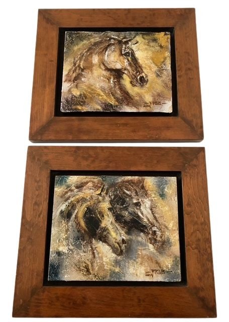 Pair of Framed Equine Mixed Media Wall Art Signed "F. Ruiz 2004": A pair of contemporary mixed media artworks from 2004, each featuring a textured, impasto depiction of horses in an expressive style reminiscent of modern abstract and figurative art. The artworks