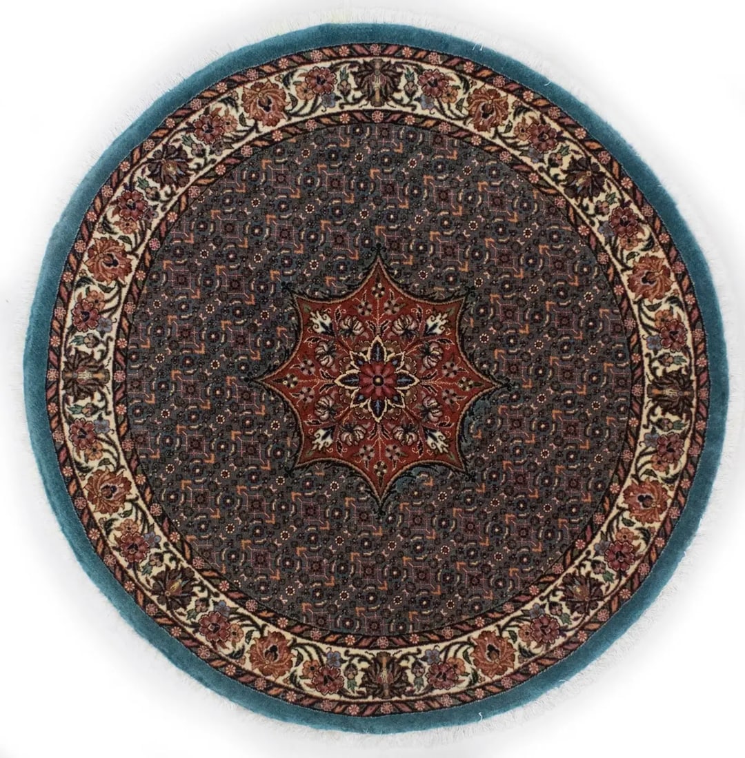 Teal Blue Floral 4X4 Bidjar Halvaei Persian Round Rug - 6
