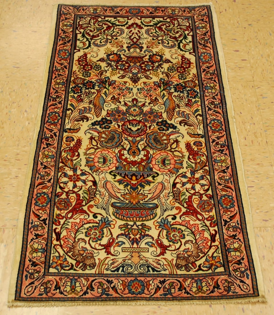 Persian SAROUK RUG 2.1x4.3: Title: Persian SAROUK RUG 2.1x4.3 Description: OLD,ANTIQUE HIGHLY DETAILED ANIMAL SUBJECTS VASE DESIGN Persian -SAROUK ORIENTAL RUG Kork wool_HIGH KPSI .....size is a unique 2' 1" x 4' 3"......