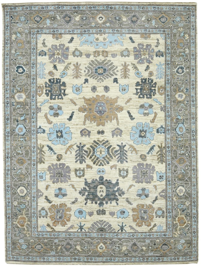 Cream Floral Oushak Peshawar 9'3X12'8 Pakistan Oriental Rug: Title:Cream Floral Oushak Peshawar 9'3X12'8 Pakistan Oriental Rug Description:Handmade 9'3X12'8 cream oriental rug made with natural dyes (fine wool pile and cotton foundation), superior knot count,