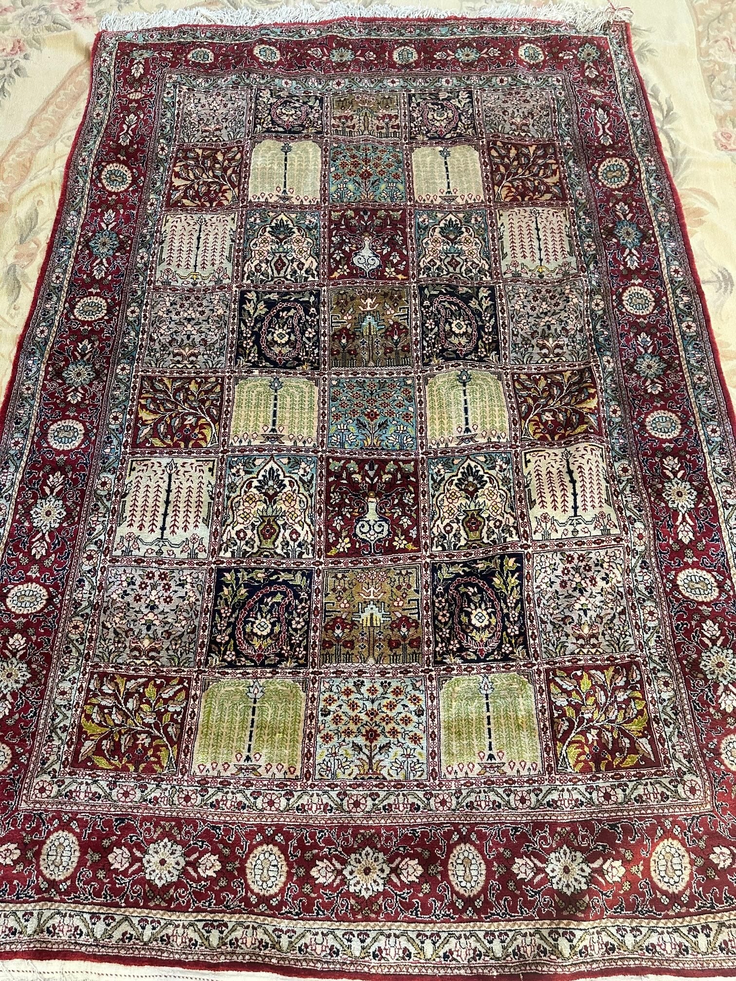 Very Rare Fine Hand Knotted Persian Qum Silk Garden Design 4.5x6.5 ft - 12