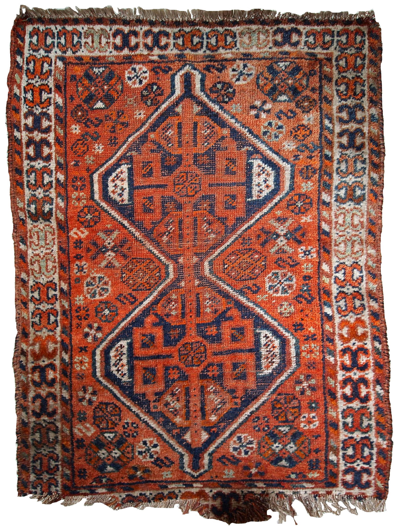 Handmade antique Persian Shiraz distressed rug 2.8' x 3.7' (87cm x 114cm) 1900s - 4