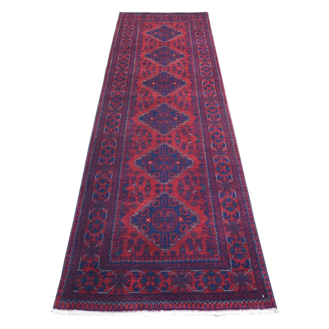 Medium Gray, Karajeh Design, 100% Wool, Hand Knotted, Runner Rug: Title: Medium Gray, Karajeh Design, 100% Wool, Hand Knotted, Runner Rug Description:This is a truly genuine one-of-a-kind. It has been Knotted for months and months in the centuries-old weaving