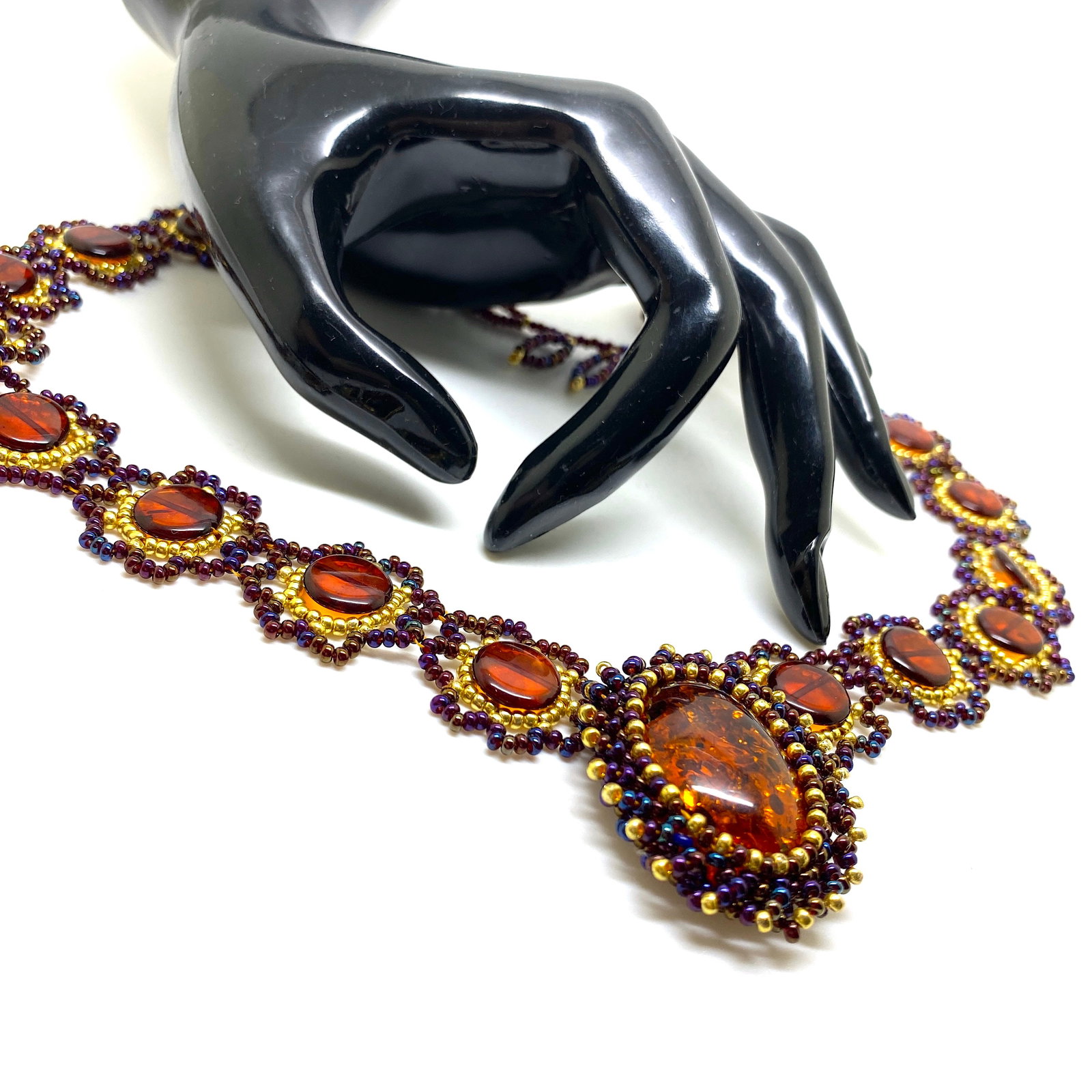Unique and Beautiful Amber Floral Necklace made from leaf like bead ornaments - 3