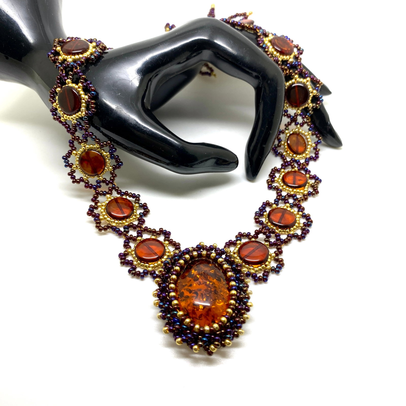 Unique and Beautiful Amber Floral Necklace made from leaf like bead ornaments - 4