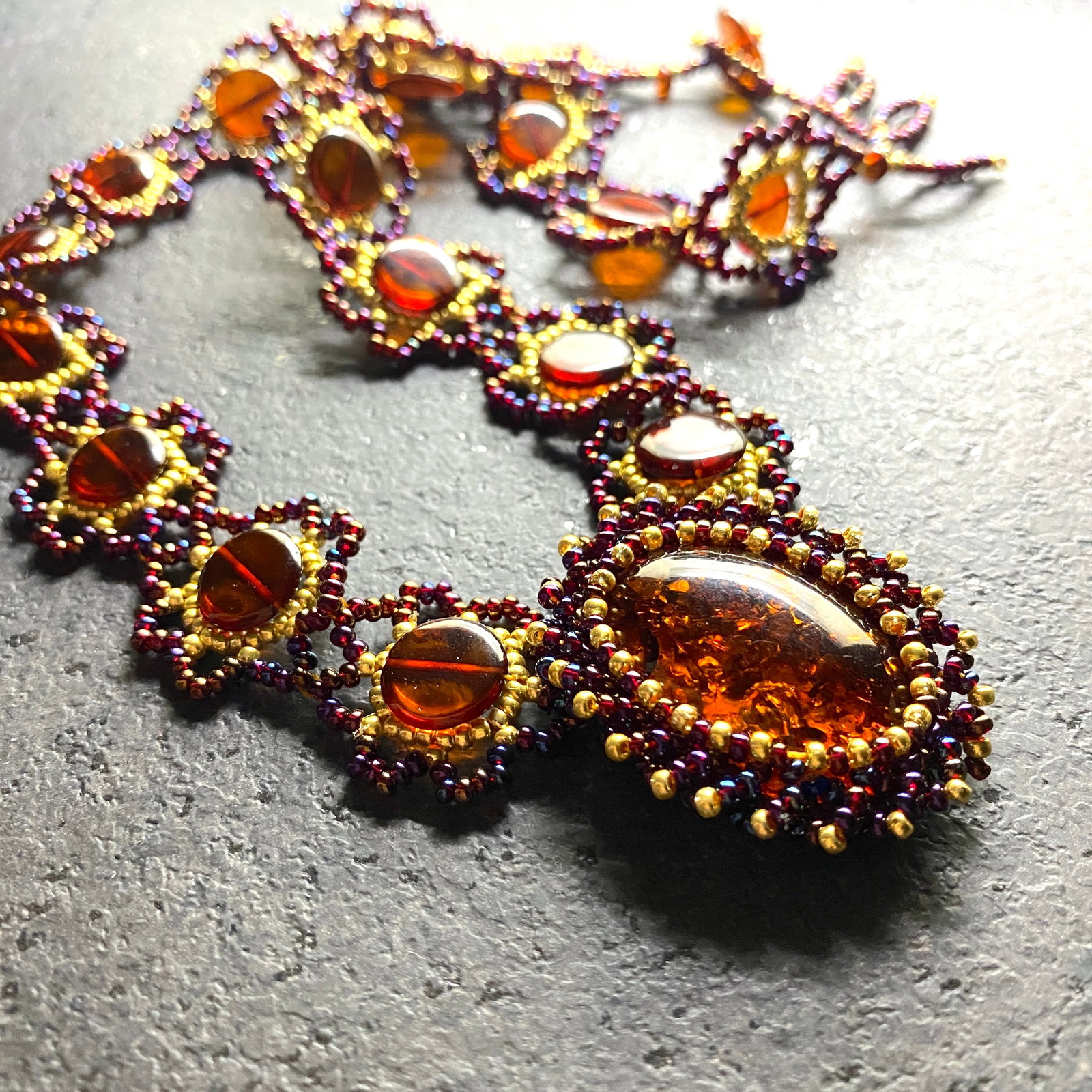 Unique and Beautiful Amber Floral Necklace made from leaf like bead ornaments - 6
