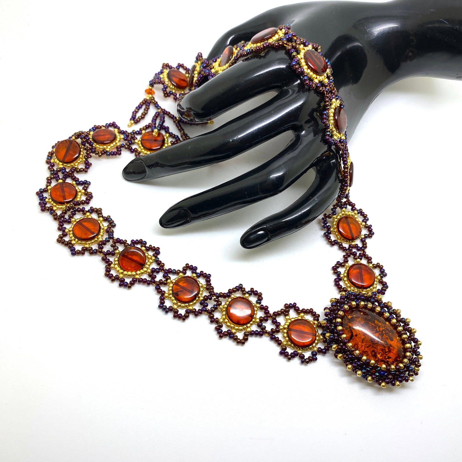 Unique and Beautiful Amber Floral Necklace made from leaf like bead ornaments - 7
