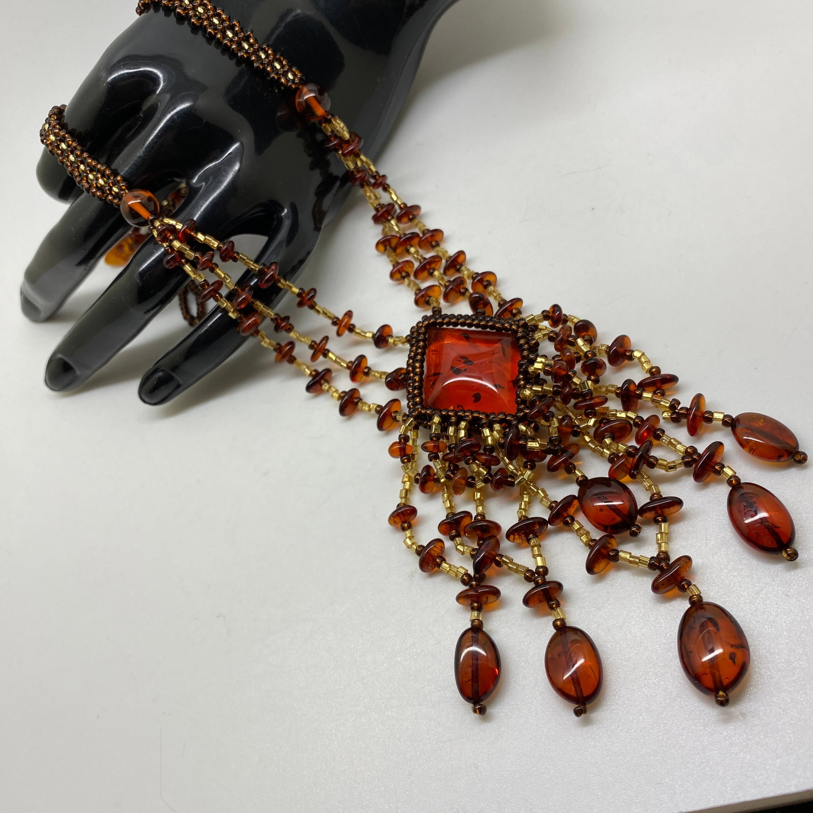 Grand Amber Floral Necklace made from leaf like bead ornaments - 2