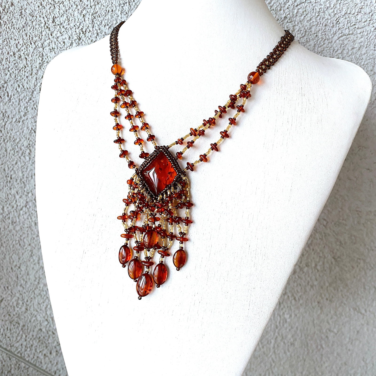 Grand Amber Floral Necklace made from leaf like bead ornaments - 3