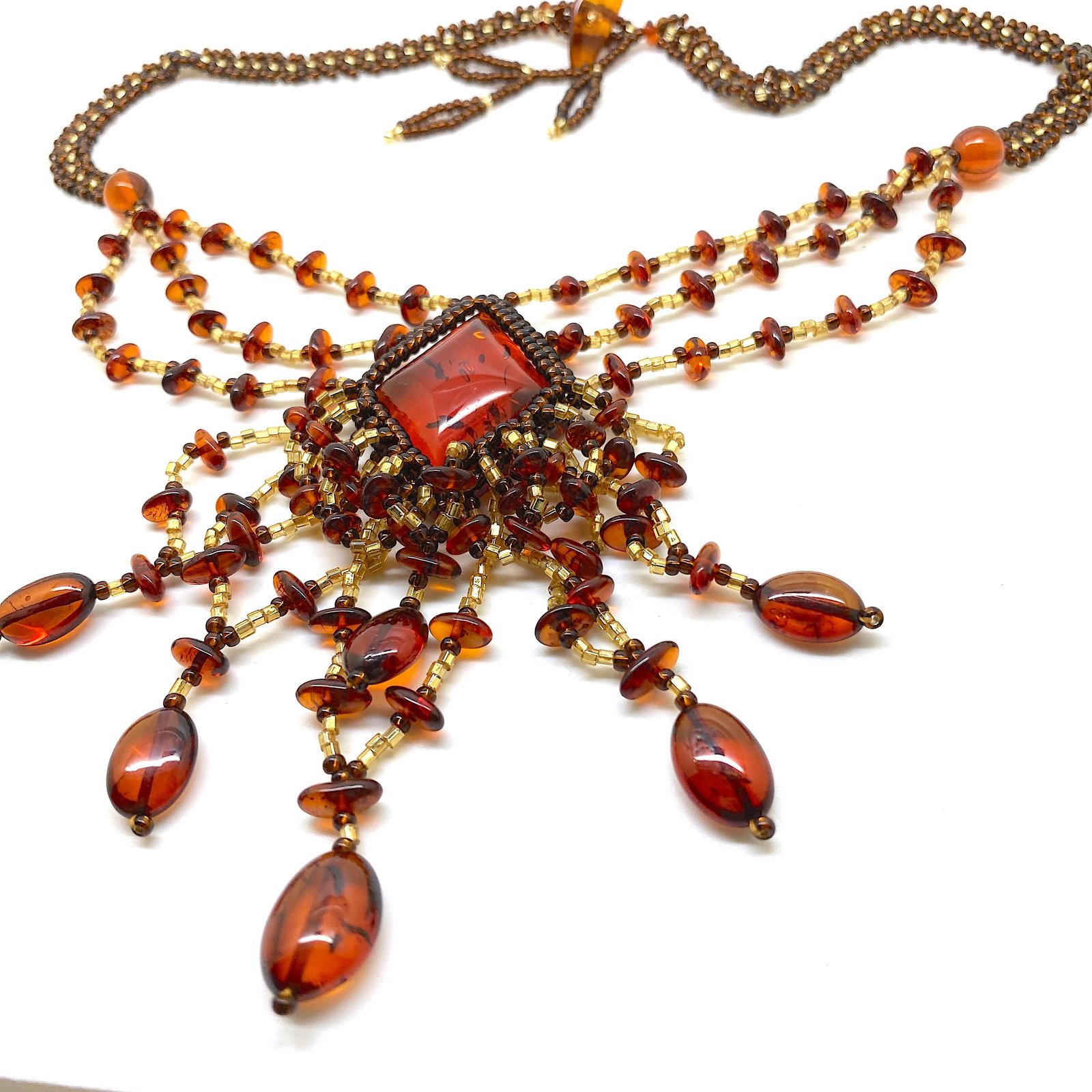 Grand Amber Floral Necklace made from leaf like bead ornaments - 6