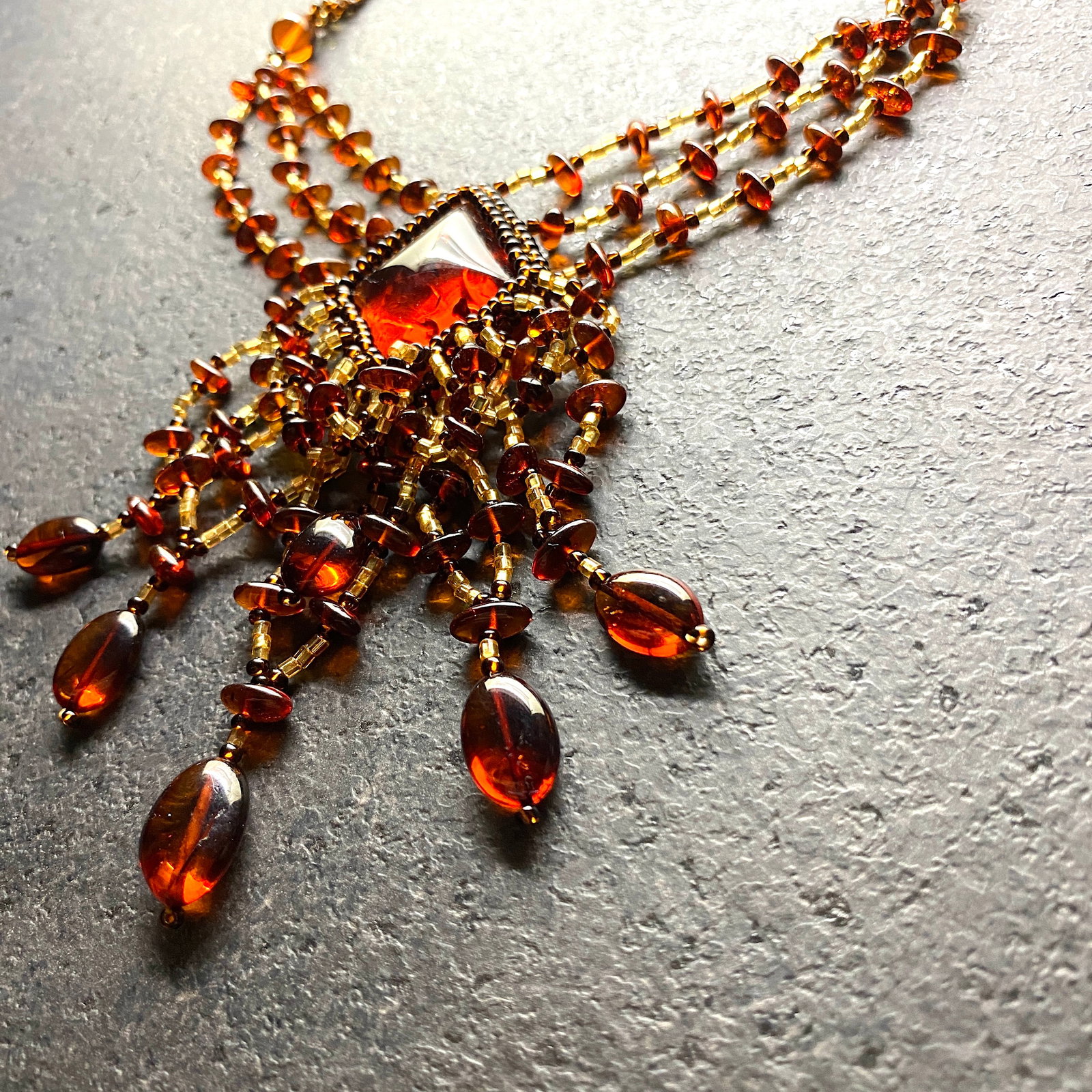 Grand Amber Floral Necklace made from leaf like bead ornaments - 9